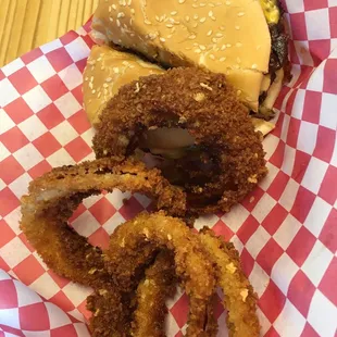 Bacon burger and onion rings