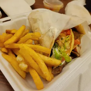 a sandwich and fries in a styrofoam container
