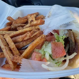 Delicious "traditional" gyro &amp; sweet potato fries $14.78 total (no drink). $3.95 extra for side of sweet potato fries.