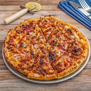 BBQ Pizza: chicken, red onion, bacon bits, feta cheese, BBQ sauce