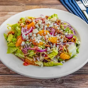 Summer Salad: lettuce with mandarin oranges, Craisins, gorgonzola cheese, red onions, candied almonds.