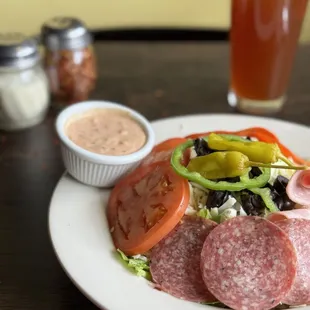 Antipasto Salad and Mac &amp; Jack&apos;s beer.