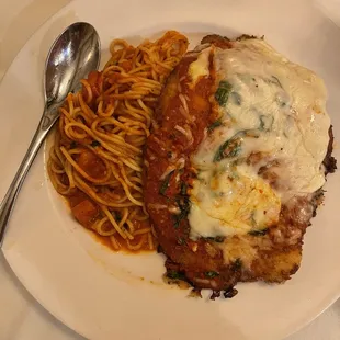 Chicken Parmigiana and great spaghetti. So-o-o-o Good!