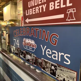 a sign for celebrating 74 years