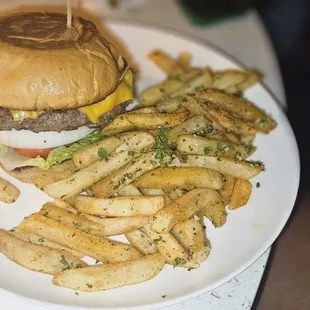 Burger with truffle fries. Fries were good- said everyone at the table.