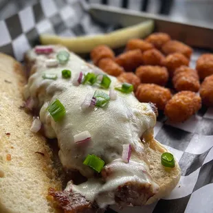 a sandwich and tater tots