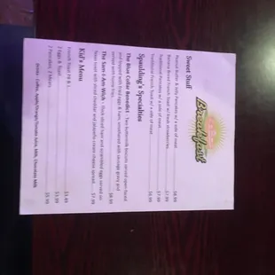 Breakfast menu