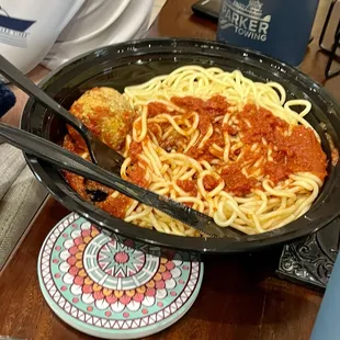 Spaghetti with meatballs- not nearly enough sauce