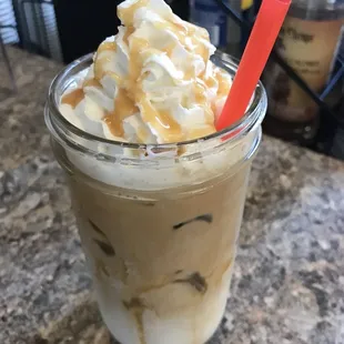 Iced Carmel Macchiato with whipped cream - and in a glass!