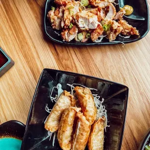 tatsutaage (fried chicken) and veggie gyoza