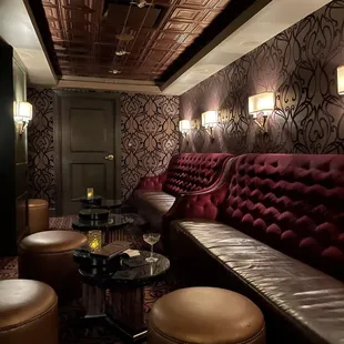 a seating area in a dimly lit room