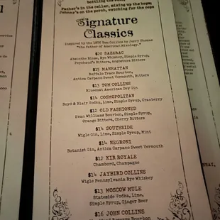 Cocktail menu