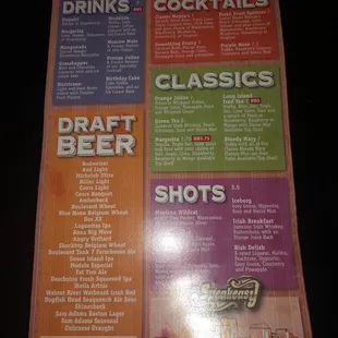 a menu for a drink at a bar