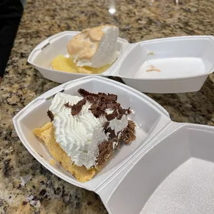 a slice of cake in a styrofoam container