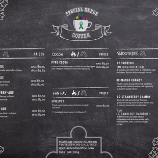 a menu for special needs coffee