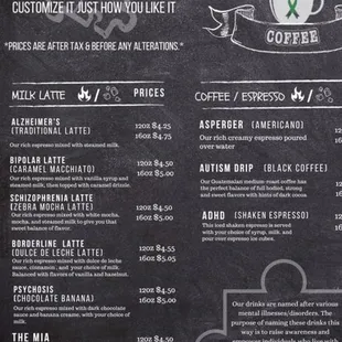 a menu for special needz coffee