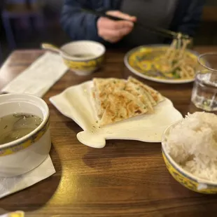 Soup that comes with the order, Onion Pancakes, Rice