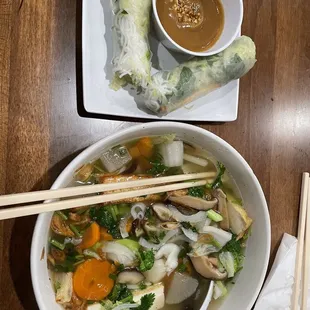 Vegan spring roll and vegan pho.