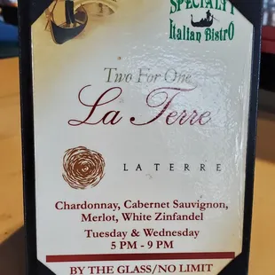 Wine Specials Menu