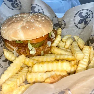 a hamburger and french fries