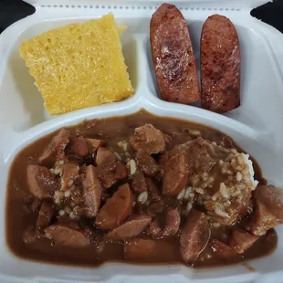 redbeans and rice, hot sausage, and corn bread