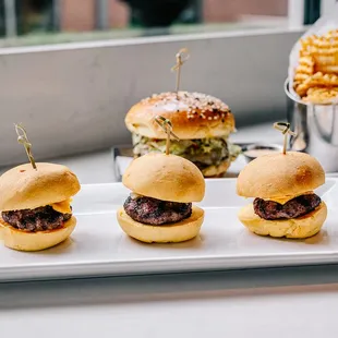 Triple play sliders, burger and waffle fries