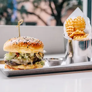 Burger and waffle fries