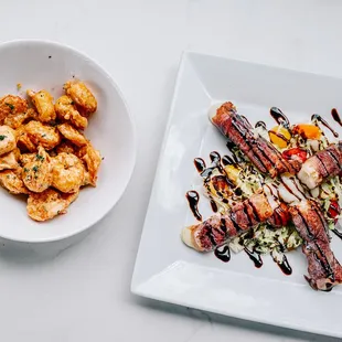 Crispy shrimp and prosciutto wrapped mozarella