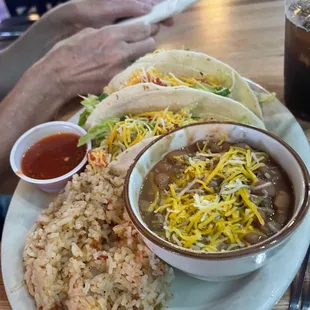 chicken tacos with rice and beans