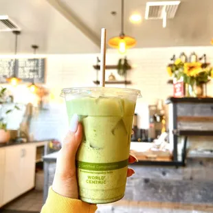 Iced matcha latte with oat milk