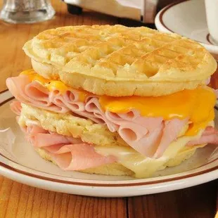 a ham and cheese waffle sandwich