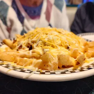 a plate of cheesy fries