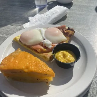 Smoked Salmon and Asparagus Benedict with hollandaise on the side (the asparagus forgotten) and cheesy potatoes