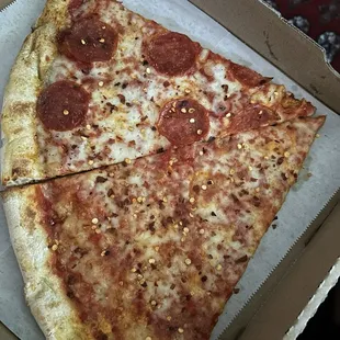 Slice of pepperoni and slice of cheese. Added red pepper flakes