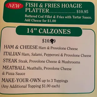 a menu for fish and fries