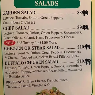 a menu for salads