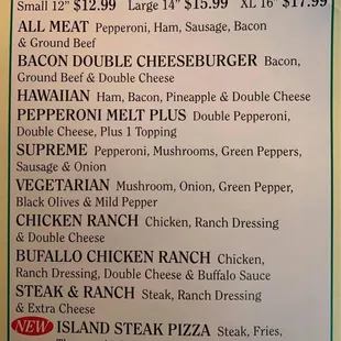 a menu for special pizzas