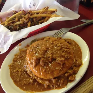 Chili Cheese Sausage Burger w/ Spanish Fries