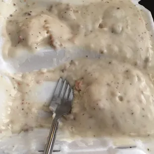 Large biscuits and gravy ! With one missing , I couldn't wait