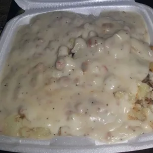 LG biscuits &amp; gravy with additional potatoes for $2.00