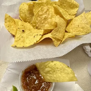 Chips and salsa. The salsa was amazing, a little sweet &amp; spicy!