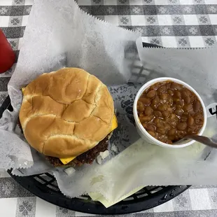Double Cheeseburger with Baked Beans