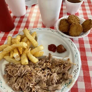 BBQ plate with fries &amp; fried squash.