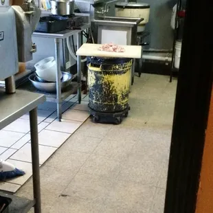 Chicken on a board on a trashcan