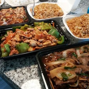Left to Right: Chicken &amp; Garlic Sauce, Szechuan Chicken, Mongolian Beef.