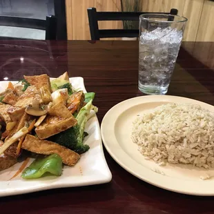 V4- fried tofu with veggies &amp; brown rice. Cheap and good portions!
