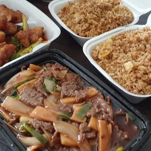 Empress Chicken, Mongolian Beef, and fried rice (included with entrees).