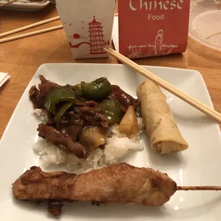 Pepper Steak with Onion, Spring Roll and Chicken Teriyaki