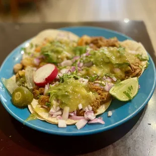 3 types of soft tacos - al pastor, pulled pork, and shrimp