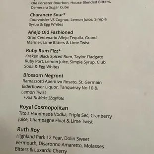 Cocktail menu